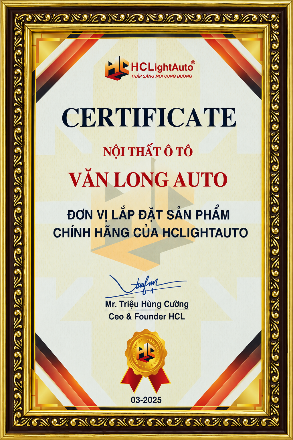 Chứng nhận lắp đặt nội thất ô tô HCLightAuto